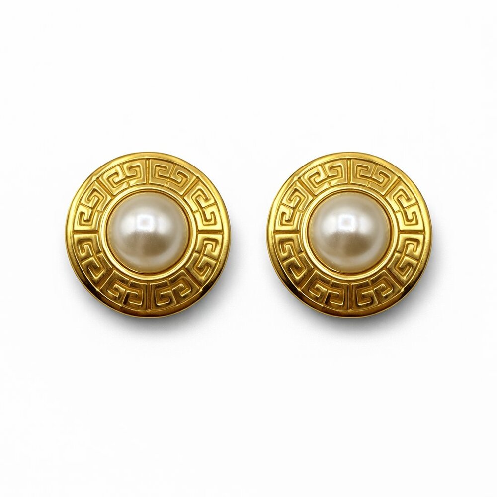 Vintage Givenchy Gold & Pearl Medallion Clip Earrings